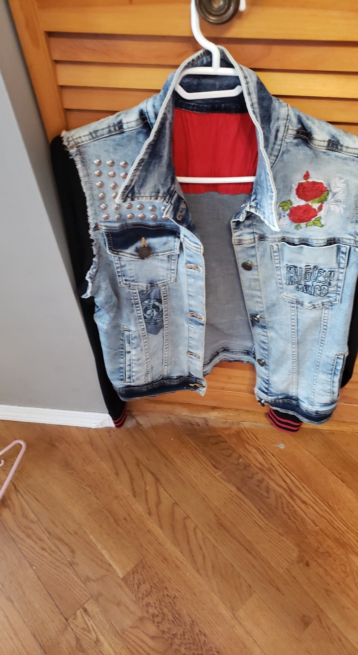 Light Wash Denim Bomber Vest with Red Rose Embroidery
